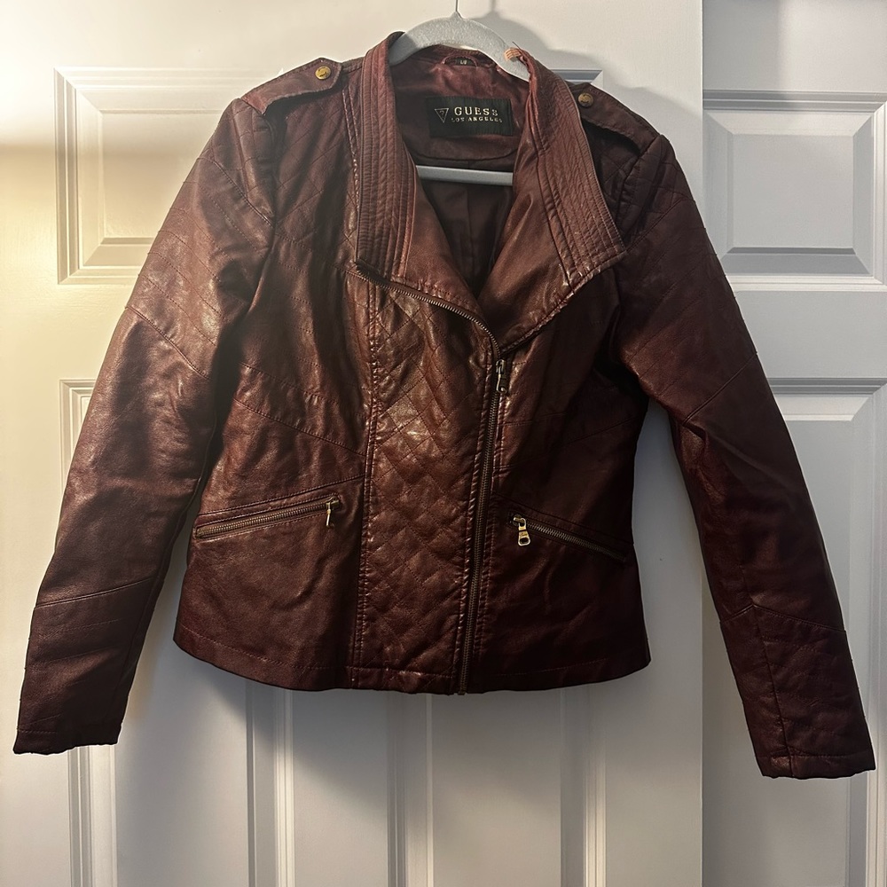 Guess Women’s Deep Maroon Leather Jacket - Size L
